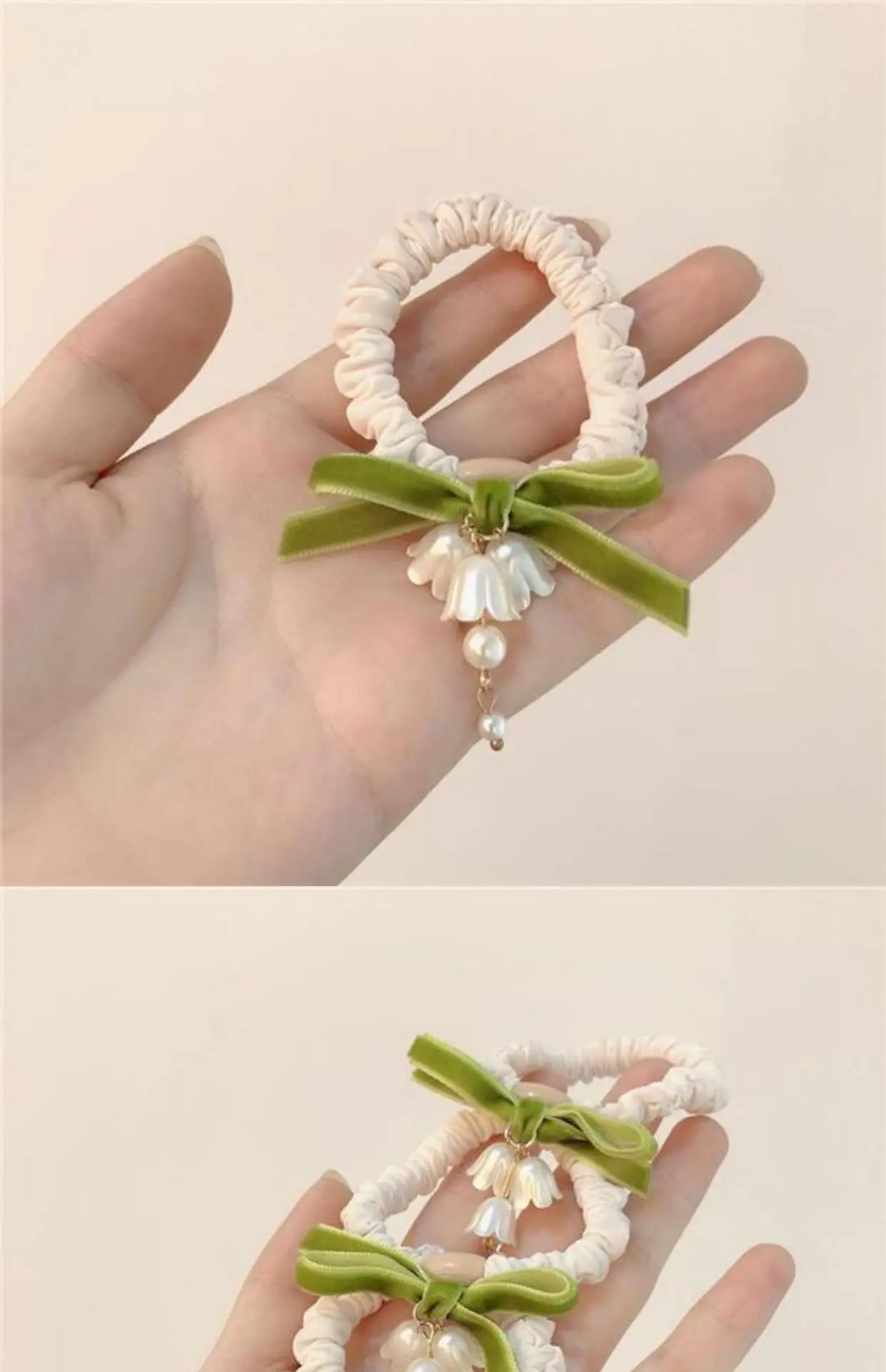 Lily Orchid Hair Rope with Green Bow & Pearl Drop — feature 3