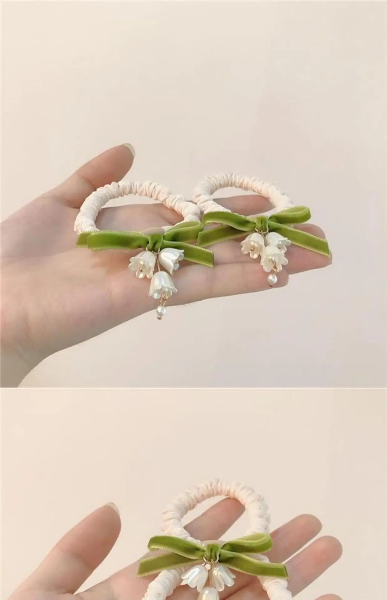 Lily Orchid Hair Rope with Green Bow & Pearl Drop — feature 6