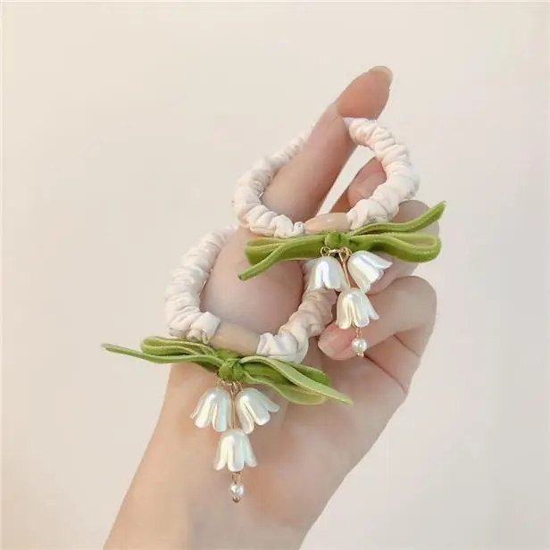 Lily Orchid Hair Rope with Green Bow & Pearl Drop — feature 8