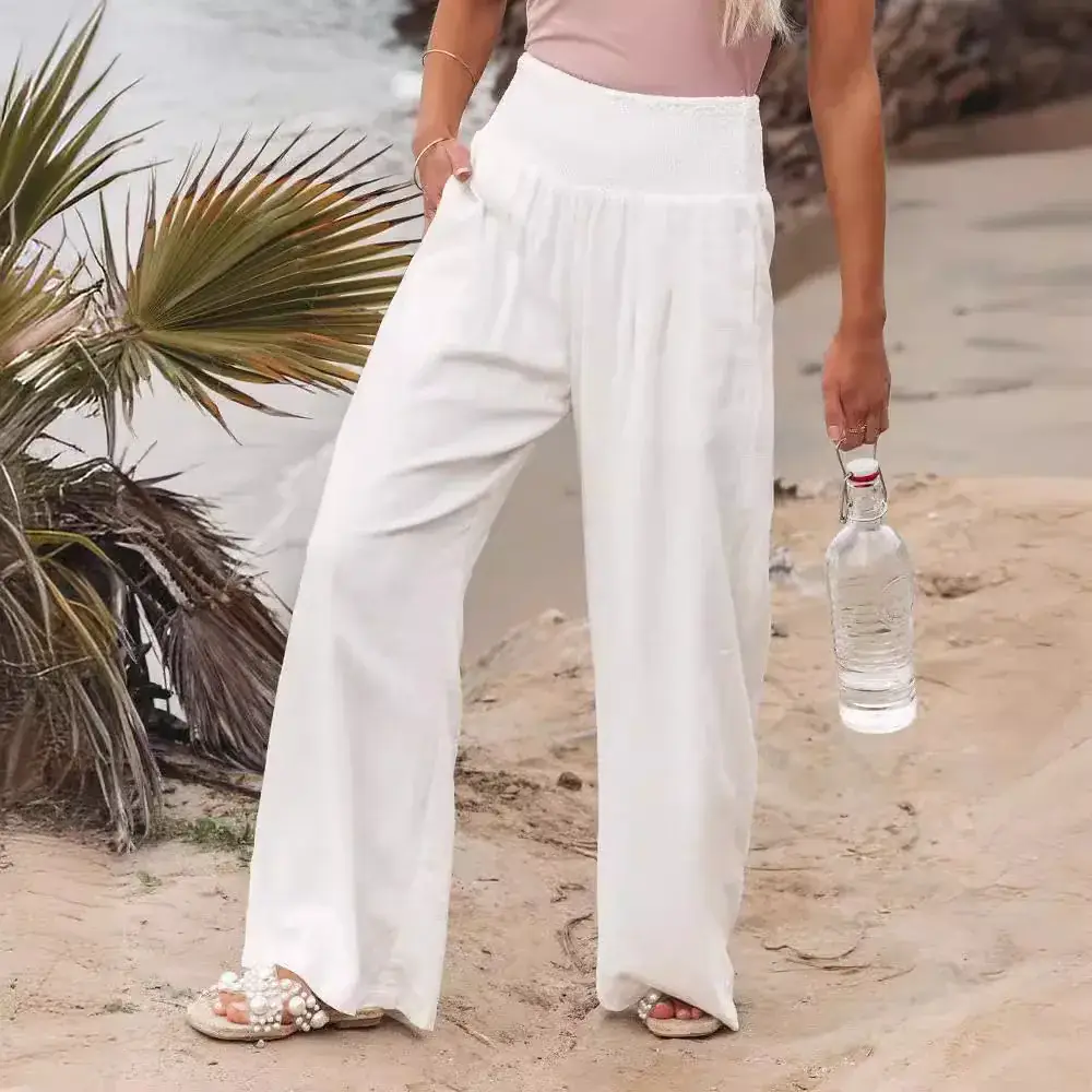 Women Cotton Linen Wide Leg Pants White Spring Summer - Image 17