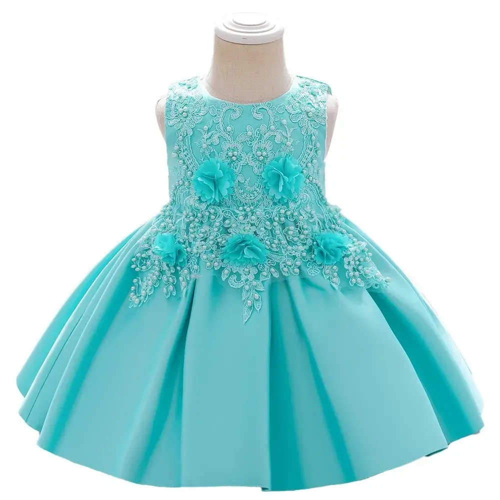 Turquoise Satin Lace Flower Dress for Little Girls - Image 11