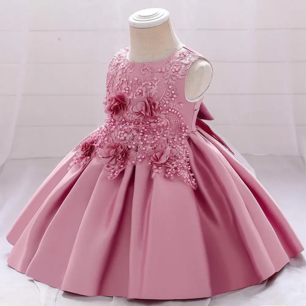 Turquoise Satin Lace Flower Dress for Little Girls - Image 2