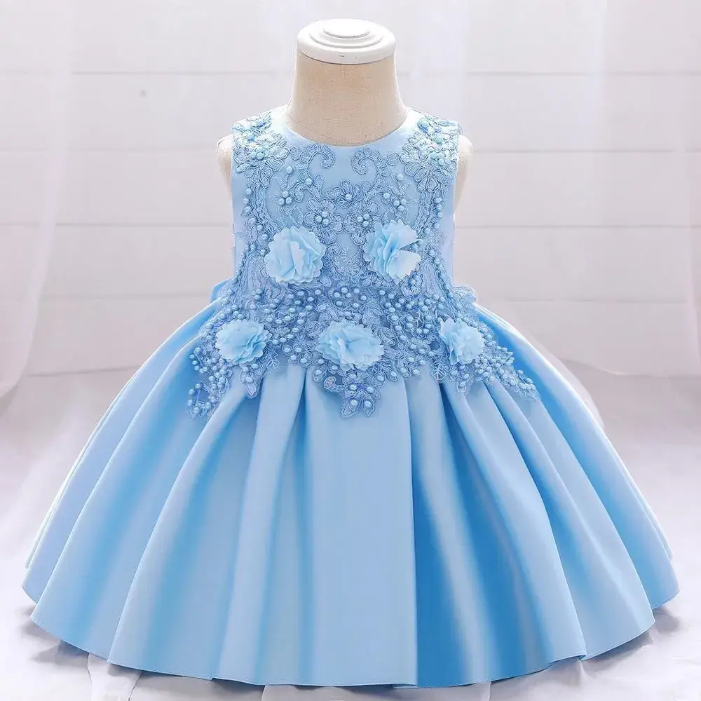 Turquoise Satin Lace Flower Dress for Little Girls - Image 3