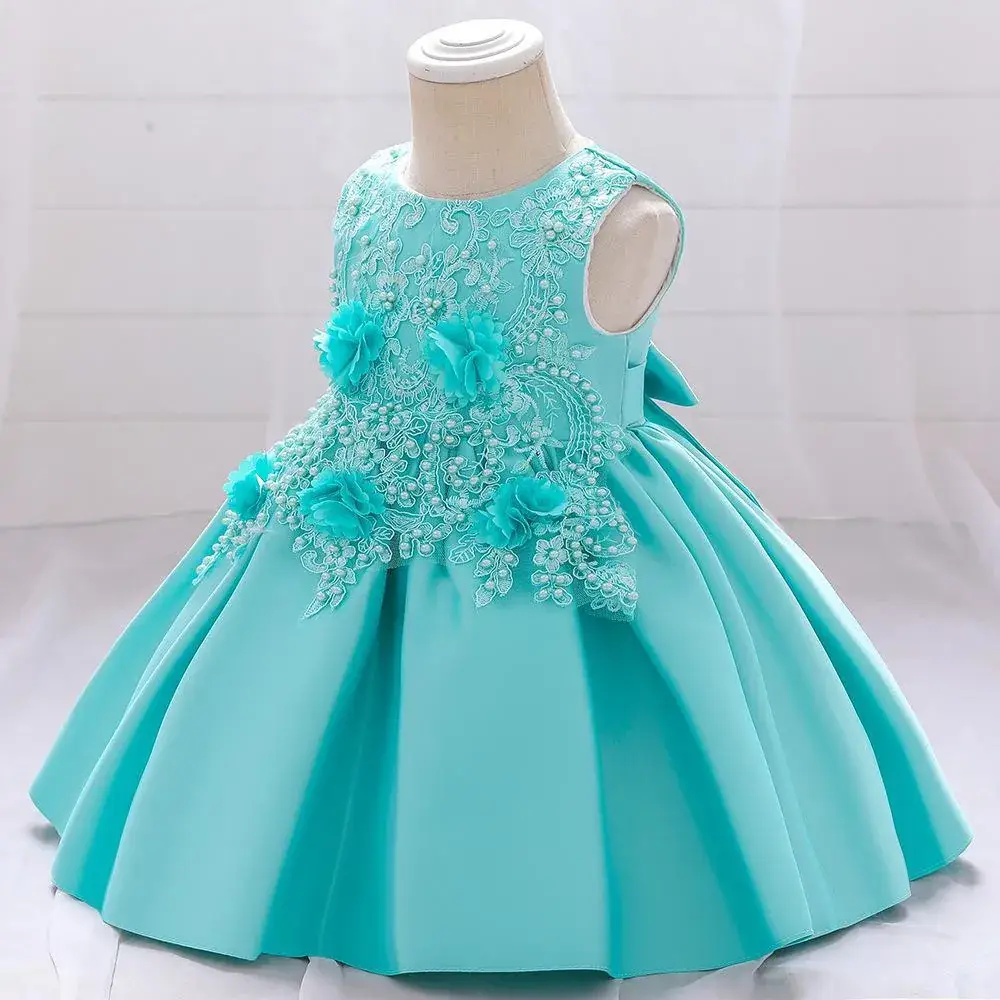 Turquoise Satin Lace Flower Dress for Little Girls - Image 4
