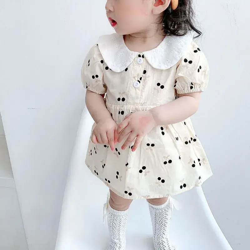 Girls Korean Style Cherry Print Short Sleeve Dress
