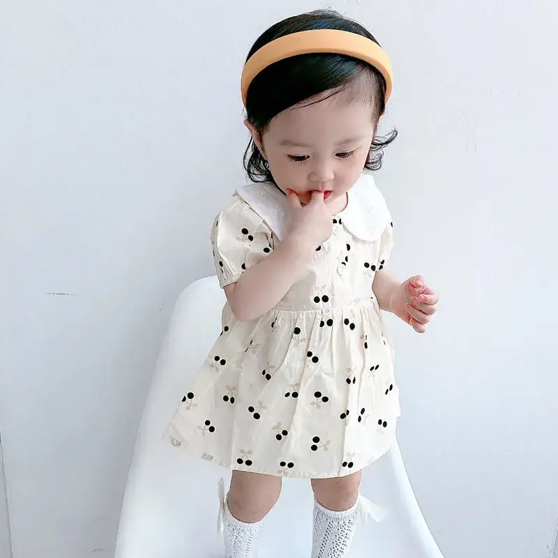 Girls Korean Style Cherry Print Short Sleeve Dress
