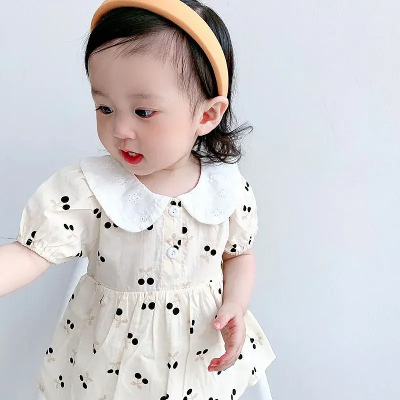Girls Korean Style Cherry Print Short Sleeve Dress