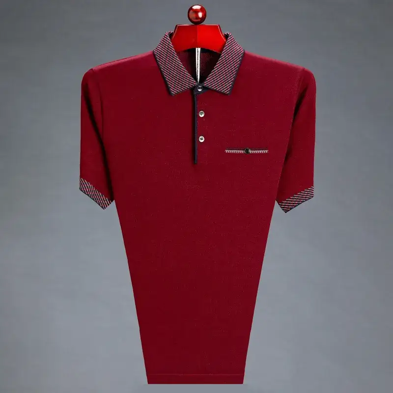 Men Maroon Lapel T-Shirt Ice Silk Medium - Image 8