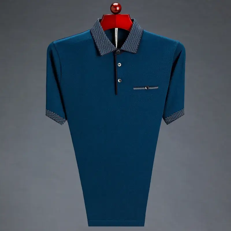 Men Maroon Lapel T-Shirt Ice Silk Medium - Image 10