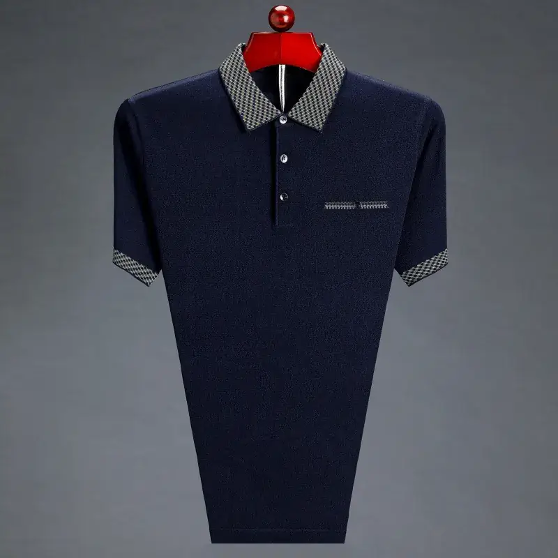 Men Maroon Lapel T-Shirt Ice Silk Medium - Image 12