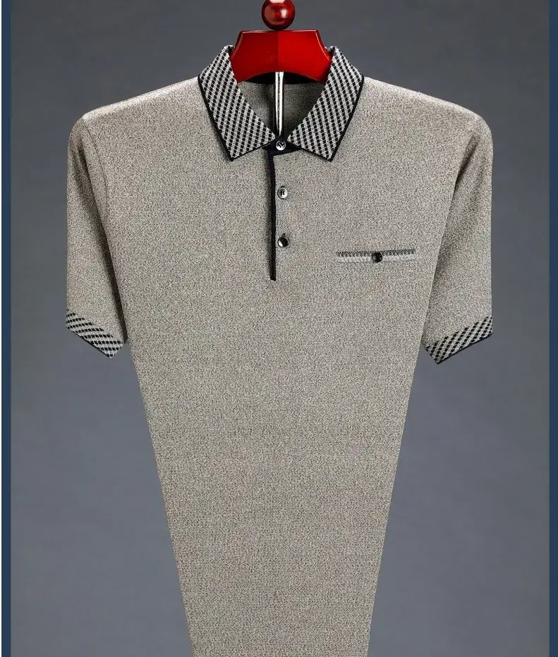 Men Maroon Lapel T-Shirt Ice Silk Medium - Image 5
