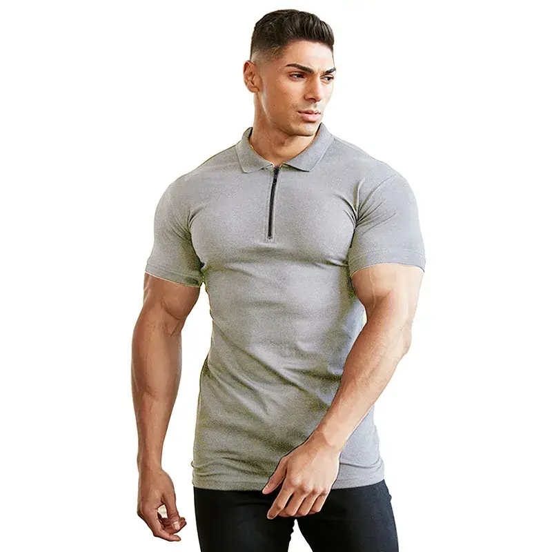 Men's Gray Polo Shirt Short Sleeve Zipper - Image 12
