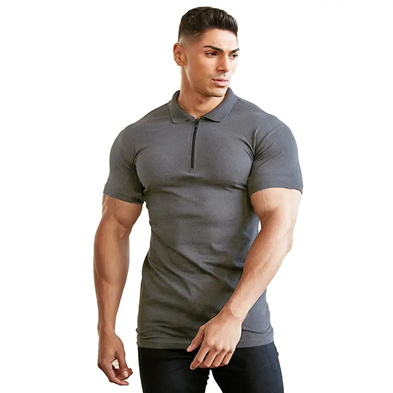 Men's Gray Polo Shirt Short Sleeve Zipper — feature 10