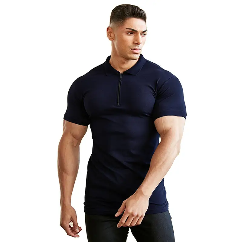 Men's Gray Polo Shirt Short Sleeve Zipper — feature 5