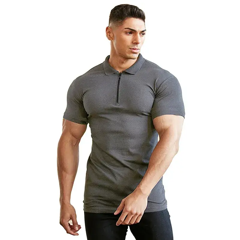 Men's Gray Polo Shirt Short Sleeve Zipper - Image 5