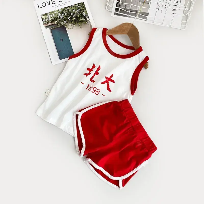 Children's Tsinghua Short Sleeve Suit Vest White Red - Image 3