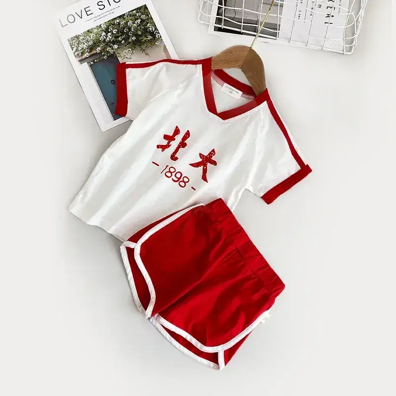 Children's Tsinghua Short Sleeve Suit Vest White Red - Image 7