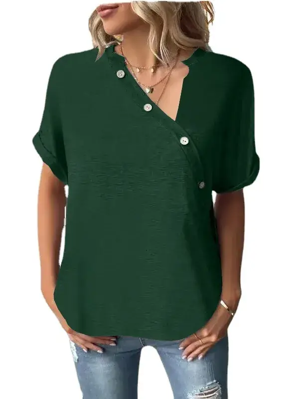 2023 Green Button Short Sleeve Women's Top