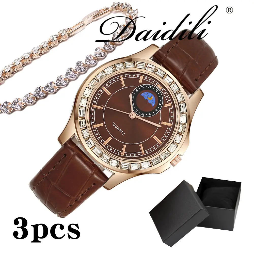 Ladies Quartz Watch Set Brown Leather Bracelet Diamond Watch - Image 4
