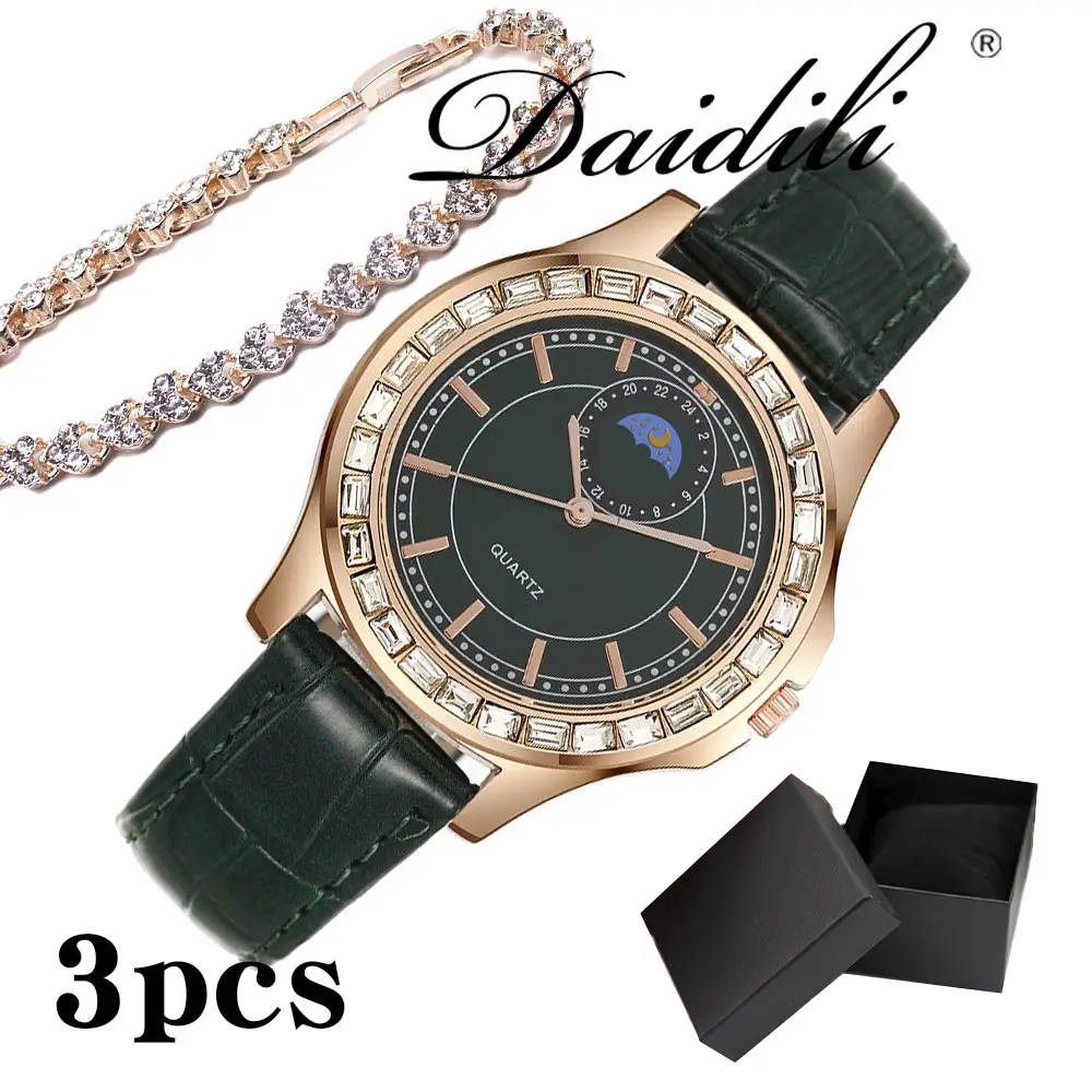 Ladies Quartz Watch Set Brown Leather Bracelet Diamond Watch - Image 2