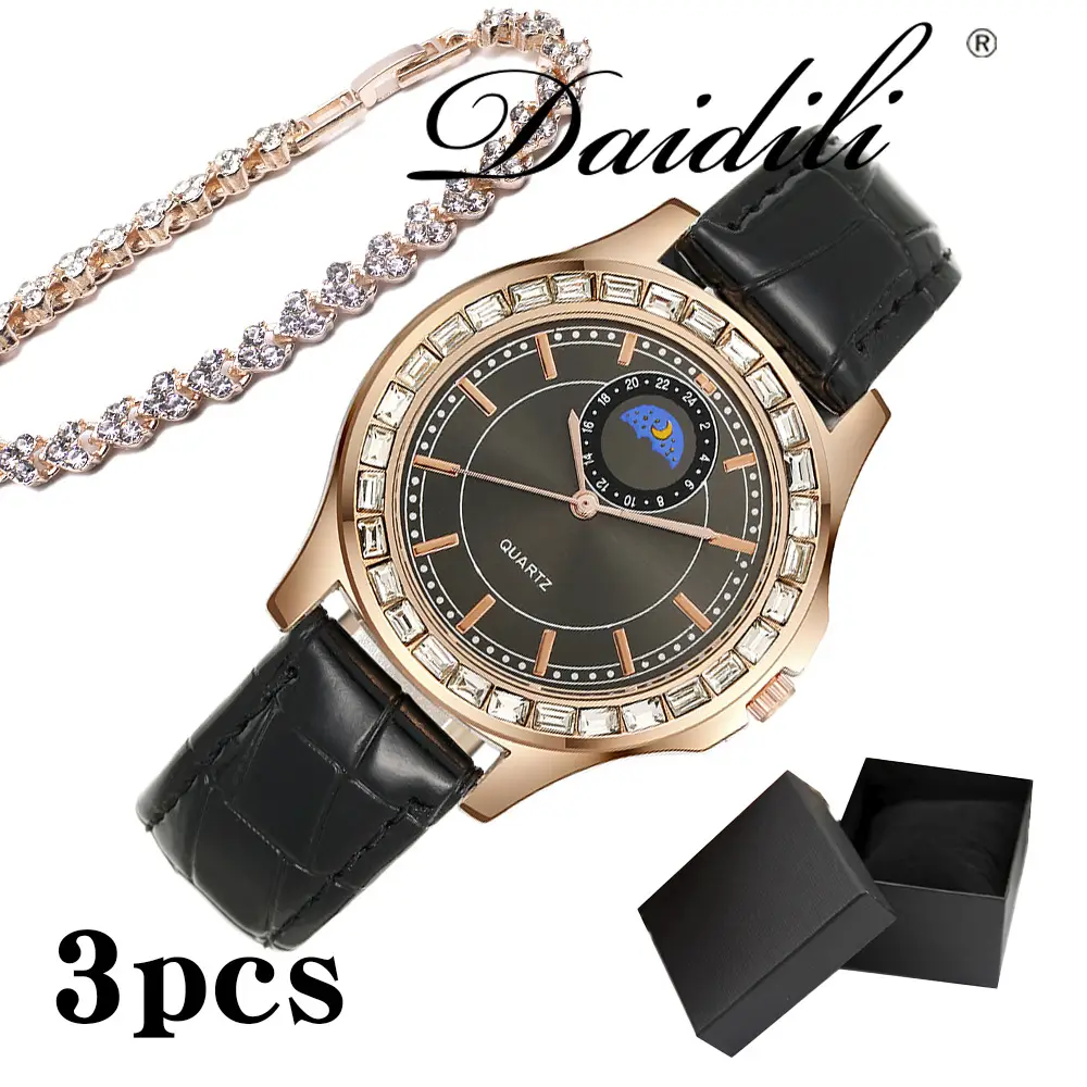Ladies Quartz Watch Set Brown Leather Bracelet Diamond Watch - Image 3