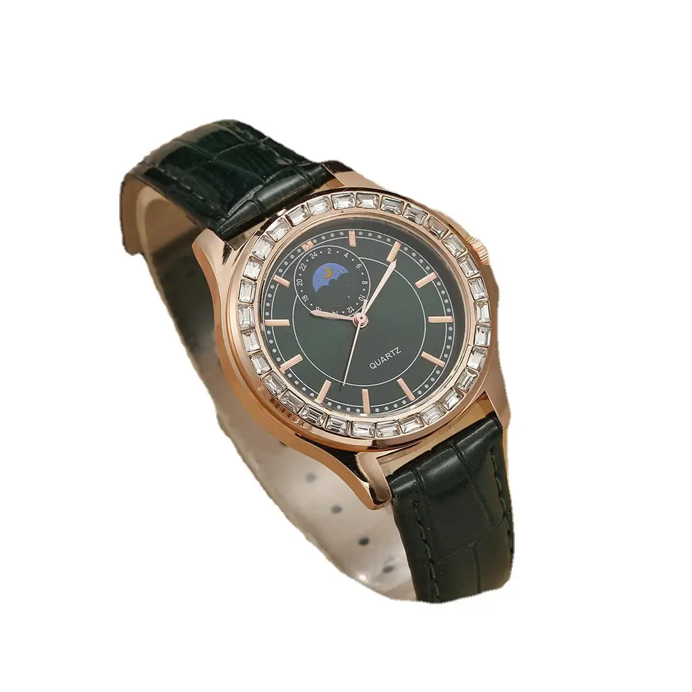 Ladies Quartz Watch Set Brown Leather Bracelet Diamond Watch - Image 9