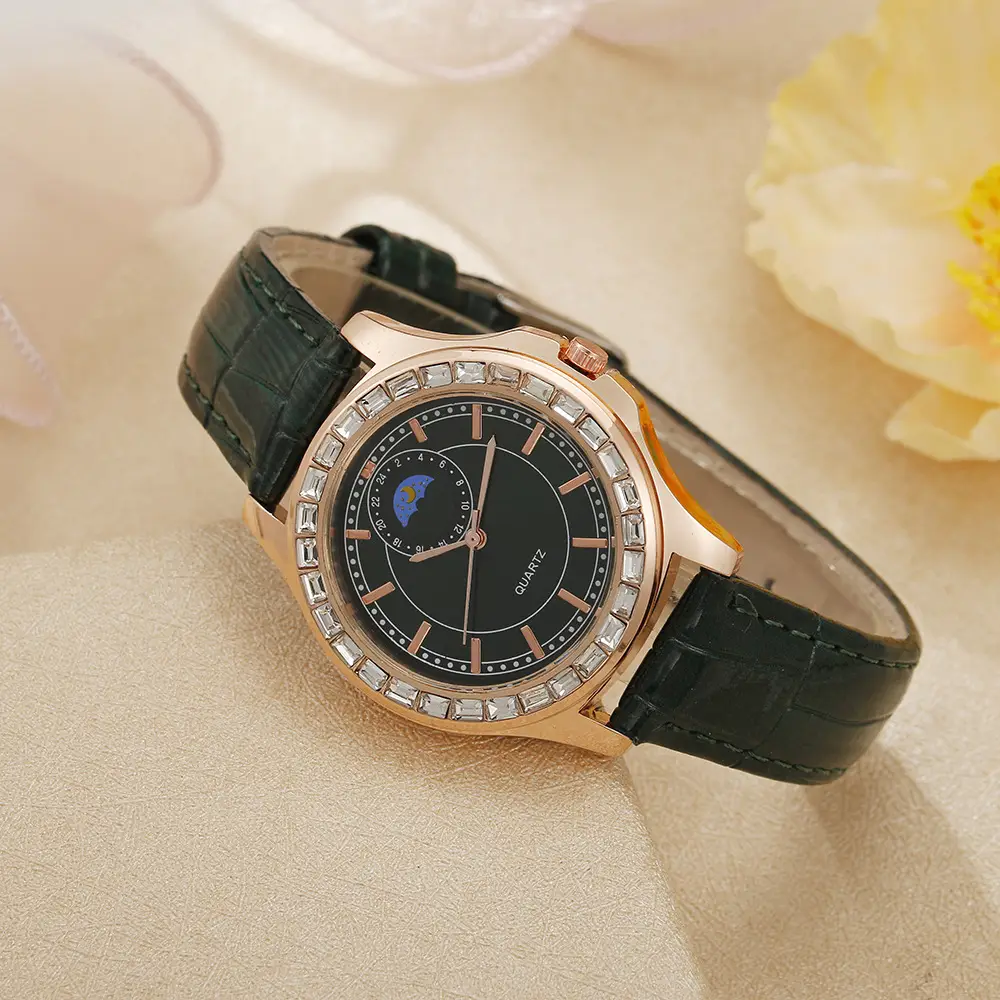 Ladies Quartz Watch Set Brown Leather Bracelet Diamond Watch — feature 10