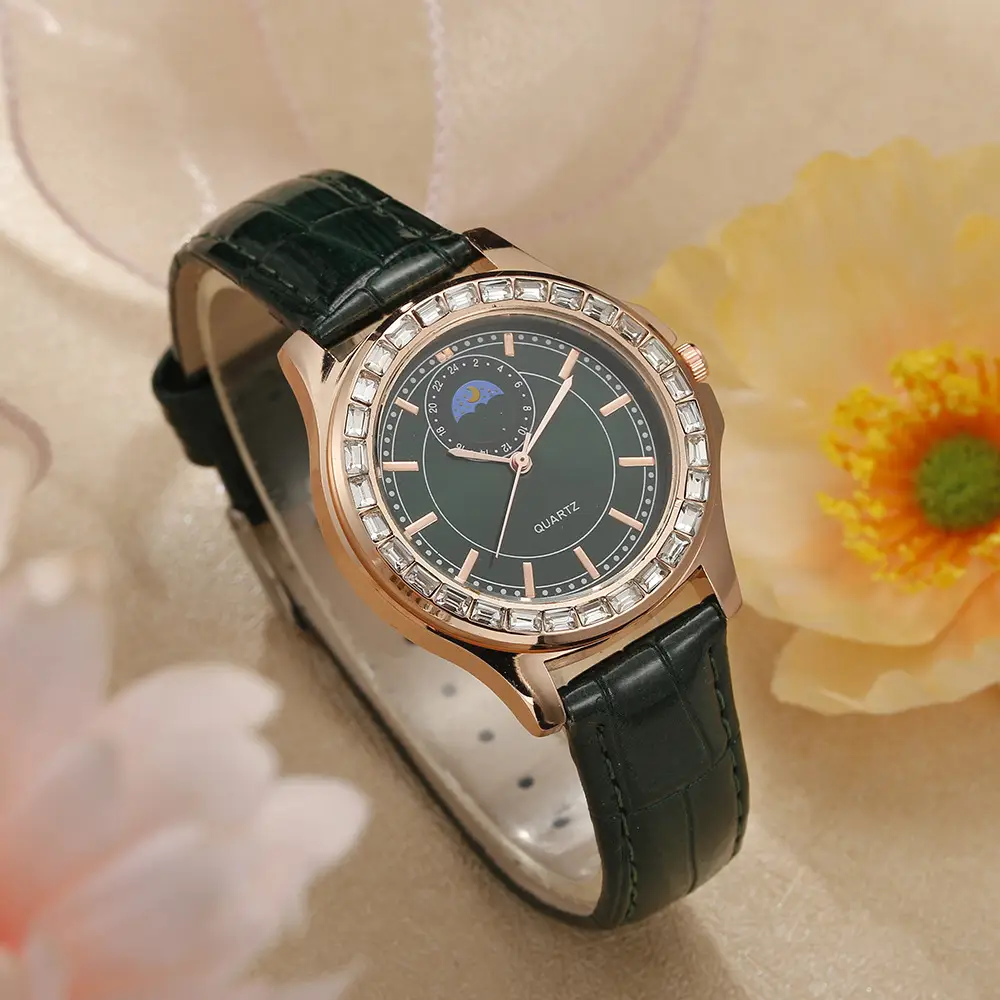 Ladies Quartz Watch Set Brown Leather Bracelet Diamond Watch — feature 11