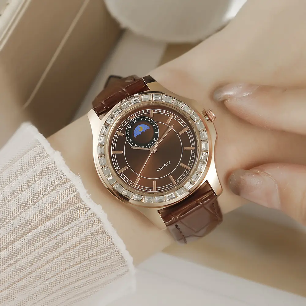 Ladies Quartz Watch Set Brown Leather Bracelet Diamond Watch — feature 12