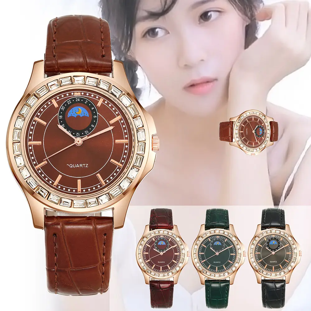 Ladies Quartz Watch Set Brown Leather Bracelet Diamond Watch — feature 4