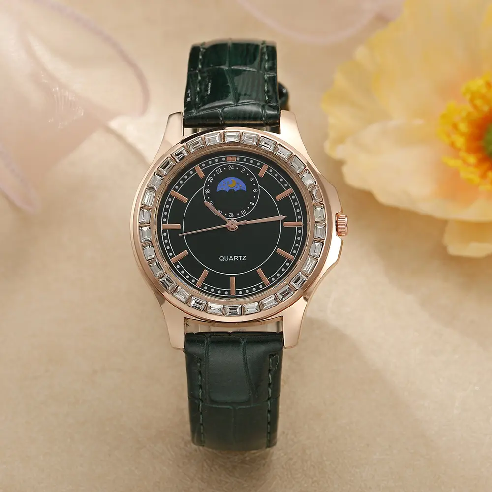Ladies Quartz Watch Set Brown Leather Bracelet Diamond Watch — feature 9