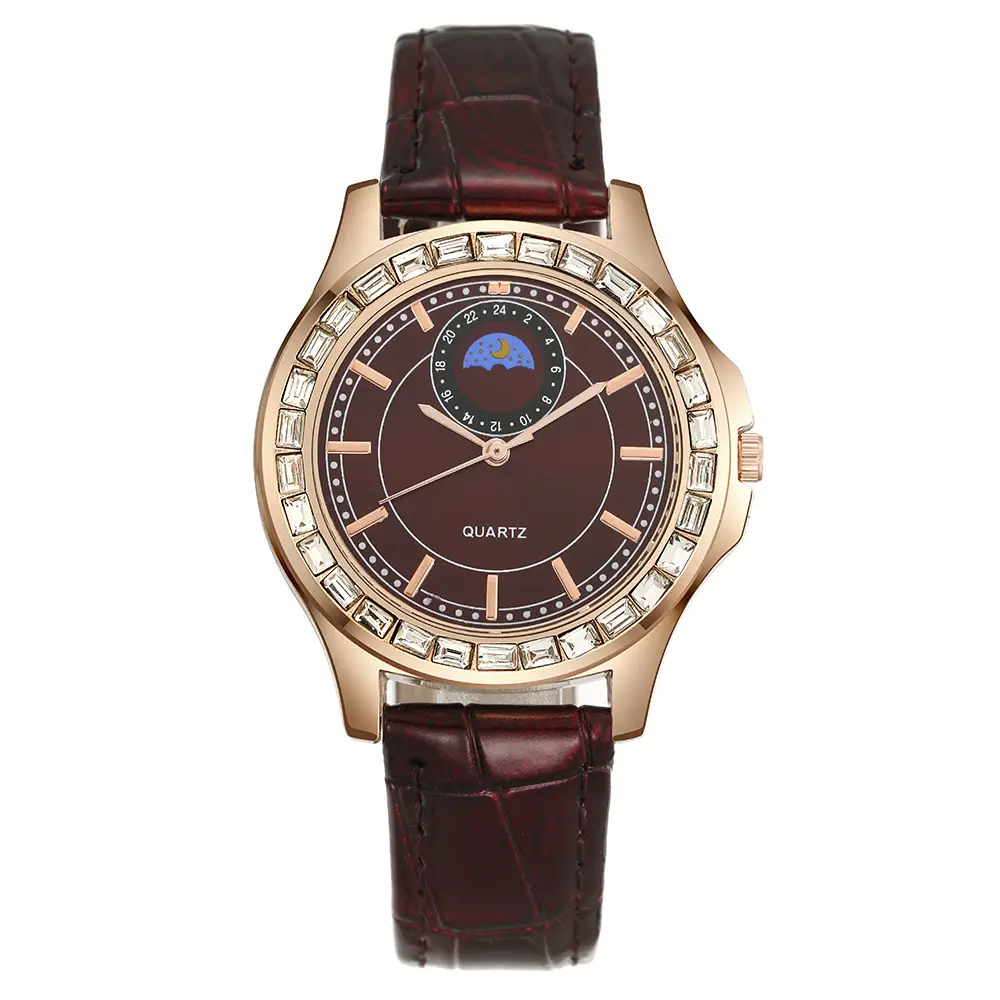 Ladies Quartz Watch Set Brown Leather Bracelet Diamond Watch - Image 5