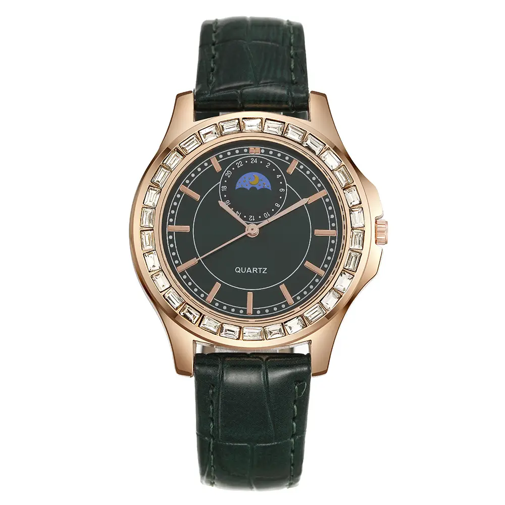 Ladies Quartz Watch Set Brown Leather Bracelet Diamond Watch - Image 6