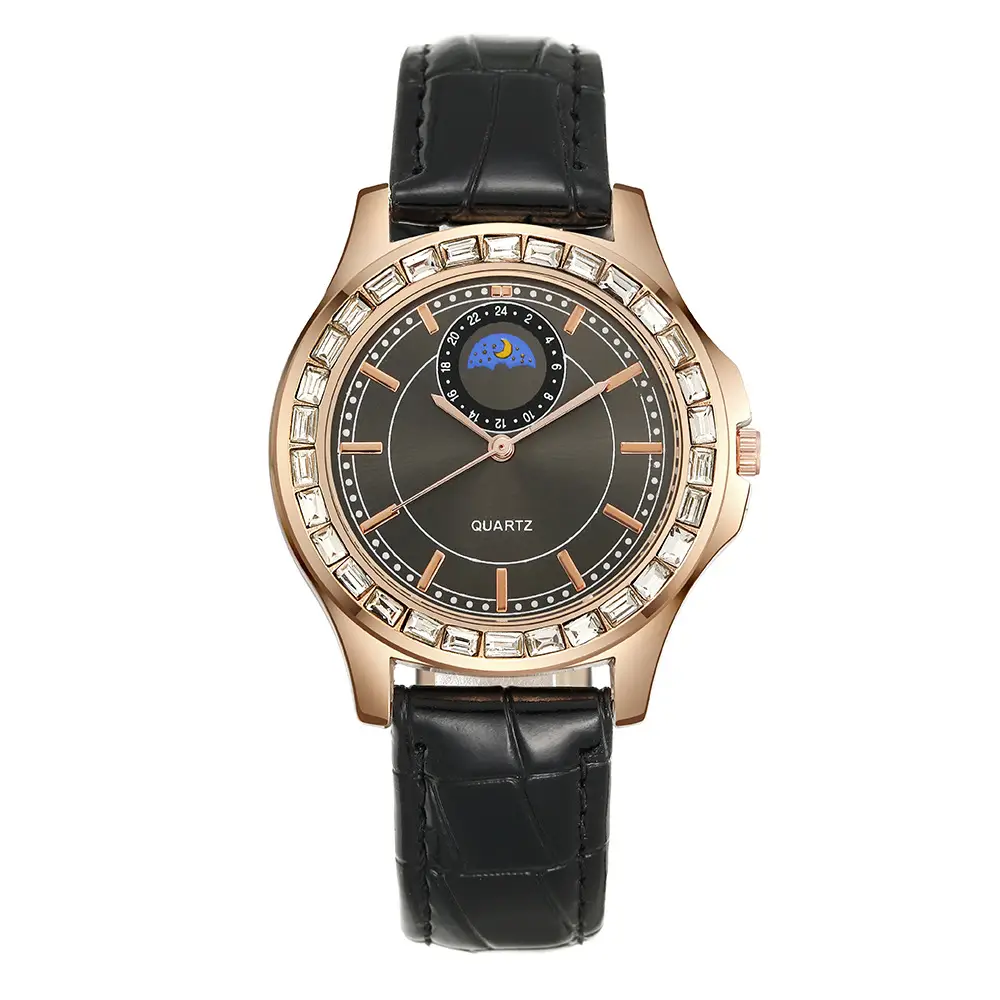 Ladies Quartz Watch Set Brown Leather Bracelet Diamond Watch - Image 7