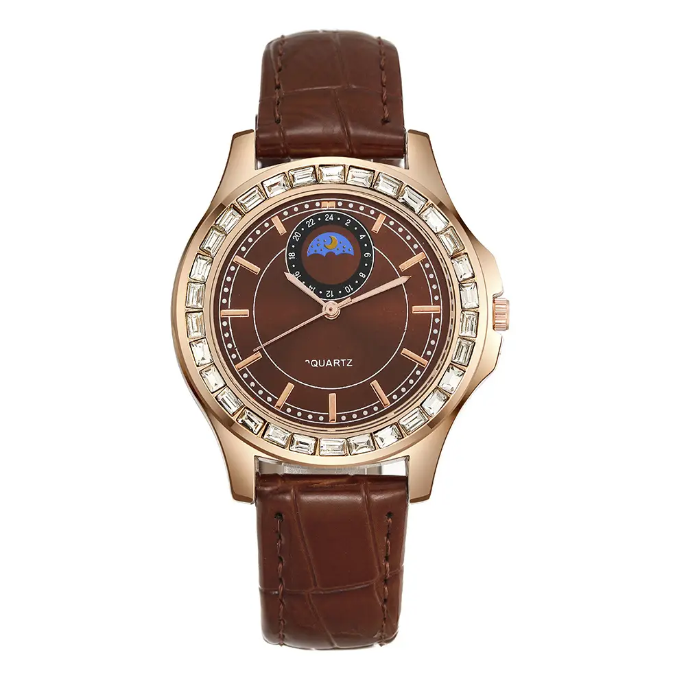 Ladies Quartz Watch Set Brown Leather Bracelet Diamond Watch - Image 8