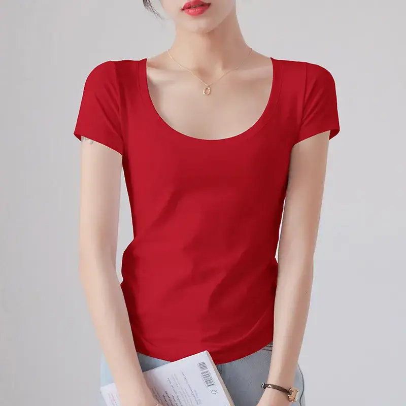 Women Red Crewneck T-Shirt Short Sleeve Summer 2025 - Image 12
