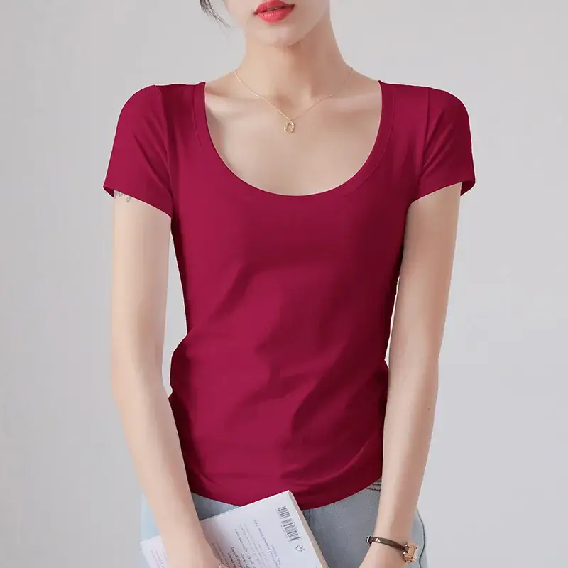 Women Red Crewneck T-Shirt Short Sleeve Summer 2025 - Image 13