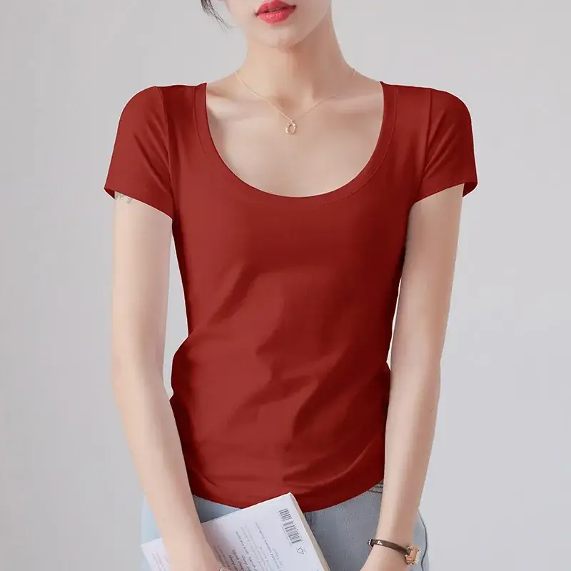 Women Red Crewneck T-Shirt Short Sleeve Summer 2025 - Image 21