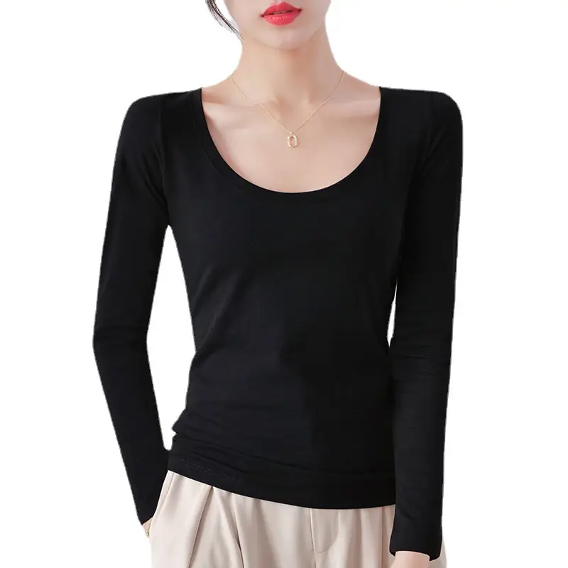 Pure Cotton Round Neck Slim Fit Long Sleeve Black Base Shirt for Women, Spring 2026 New Style T-Shirt, Solid Color Tee for Spring and Autumn