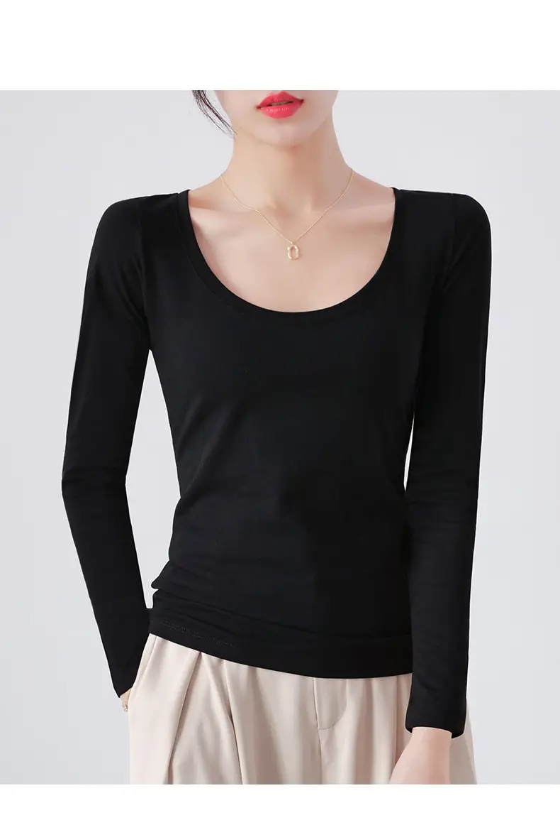 Pure Cotton Round Neck Slim Fit Long Sleeve Black Base Shirt for Women, Spring 2026 New Style T-Shirt, Solid Color Tee for Spring and Autumn — feature 1