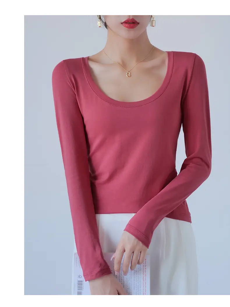 Pure Cotton Round Neck Slim Fit Long Sleeve Black Base Shirt for Women, Spring 2026 New Style T-Shirt, Solid Color Tee for Spring and Autumn — feature 10