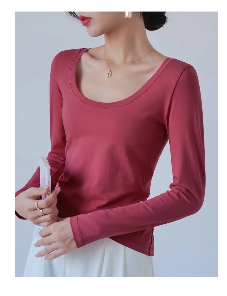 Pure Cotton Round Neck Slim Fit Long Sleeve Black Base Shirt for Women, Spring 2026 New Style T-Shirt, Solid Color Tee for Spring and Autumn — feature 11
