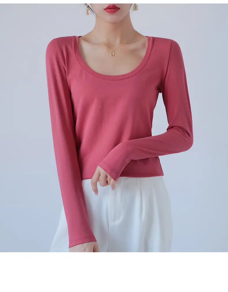 Pure Cotton Round Neck Slim Fit Long Sleeve Black Base Shirt for Women, Spring 2026 New Style T-Shirt, Solid Color Tee for Spring and Autumn — feature 12