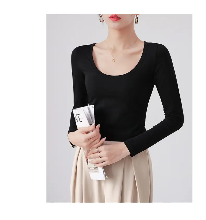 Pure Cotton Round Neck Slim Fit Long Sleeve Black Base Shirt for Women, Spring 2026 New Style T-Shirt, Solid Color Tee for Spring and Autumn — feature 17