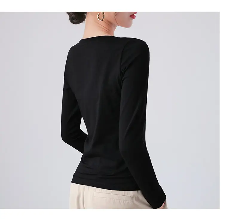 Pure Cotton Round Neck Slim Fit Long Sleeve Black Base Shirt for Women, Spring 2026 New Style T-Shirt, Solid Color Tee for Spring and Autumn — feature 18