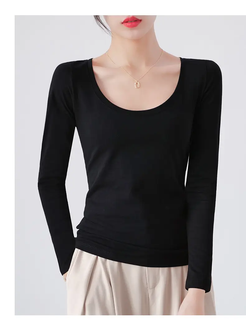 Pure Cotton Round Neck Slim Fit Long Sleeve Black Base Shirt for Women, Spring 2026 New Style T-Shirt, Solid Color Tee for Spring and Autumn — feature 19