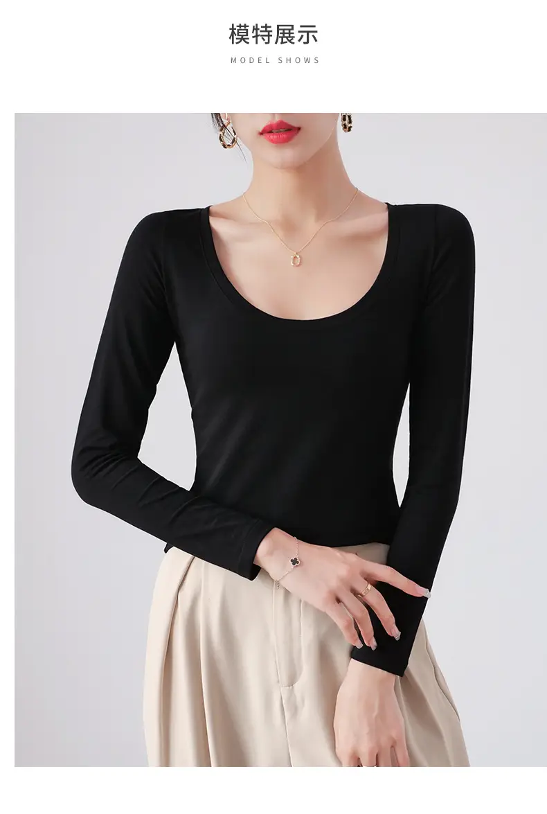 Pure Cotton Round Neck Slim Fit Long Sleeve Black Base Shirt for Women, Spring 2026 New Style T-Shirt, Solid Color Tee for Spring and Autumn — feature 4
