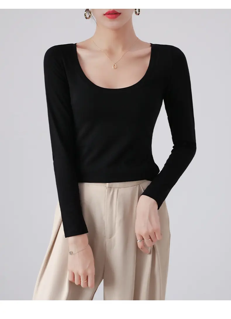 Pure Cotton Round Neck Slim Fit Long Sleeve Black Base Shirt for Women, Spring 2026 New Style T-Shirt, Solid Color Tee for Spring and Autumn — feature 5