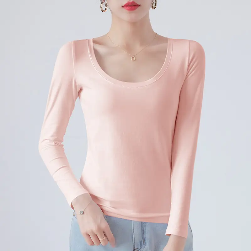 Pure Cotton Round Neck Slim Fit Long Sleeve Black Base Shirt for Women, Spring 2026 New Style T-Shirt, Solid Color Tee for Spring and Autumn