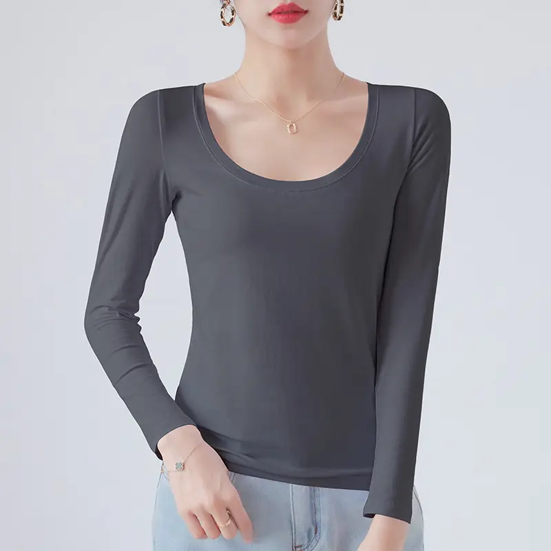 Pure Cotton Round Neck Slim Fit Long Sleeve Black Base Shirt for Women, Spring 2026 New Style T-Shirt, Solid Color Tee for Spring and Autumn